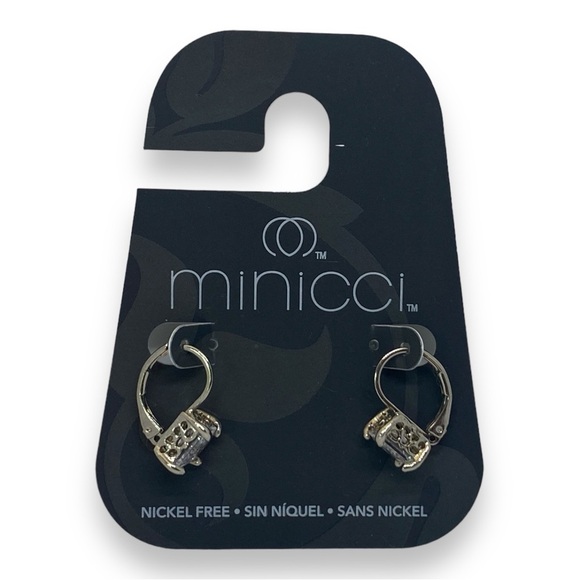 Minicci Dangle Drop Huggie Earrings w. Square Sparkling Stones Silver Tone - Picture 3 of 5